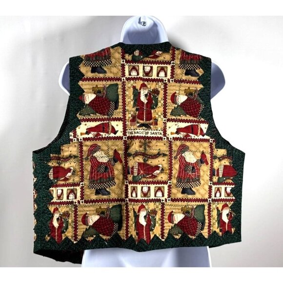 Handmade Reversible Women's Ugly Christmas Vest Folk Santa/Poinsettias Cotton XL - Picture 3 of 16